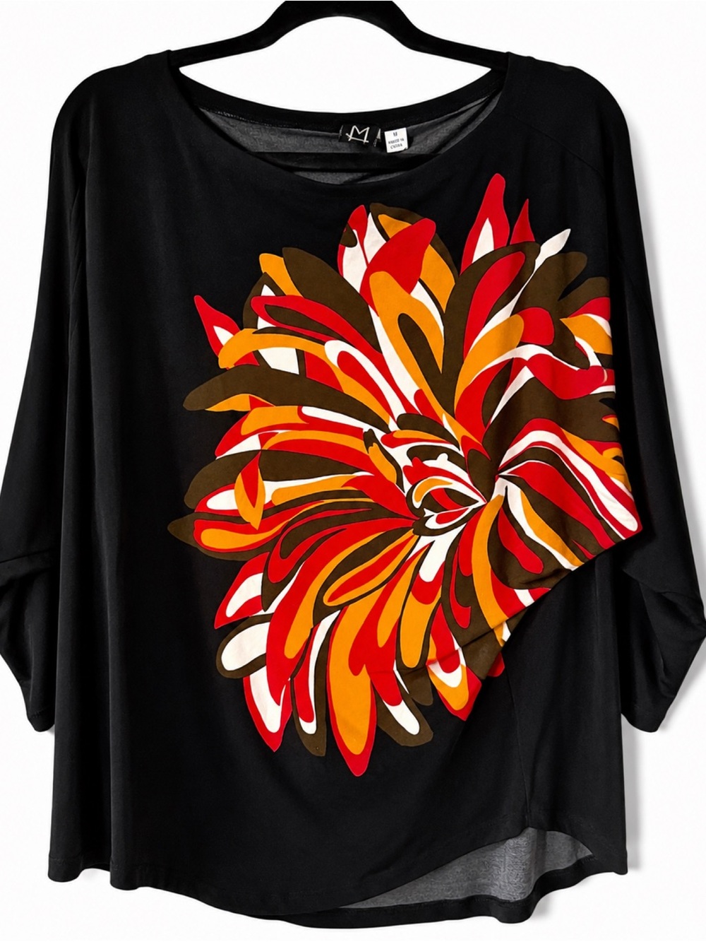 Marc Bouwer Abstract Floral Tunic Top Medium Black 3/4 Sleeve Designer Blouse